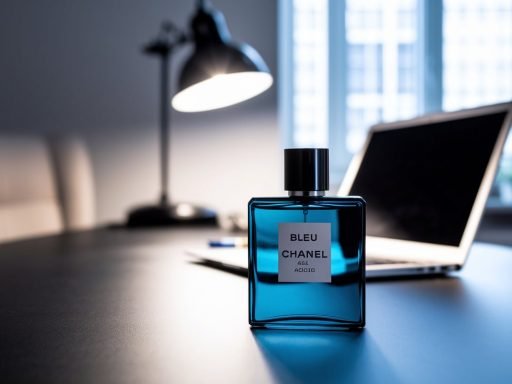 Frasco de perfume masculino sobre uma mesa de trabalho, com laptop e caneta, simbolizando fragrâncias para o ambiente profissional.