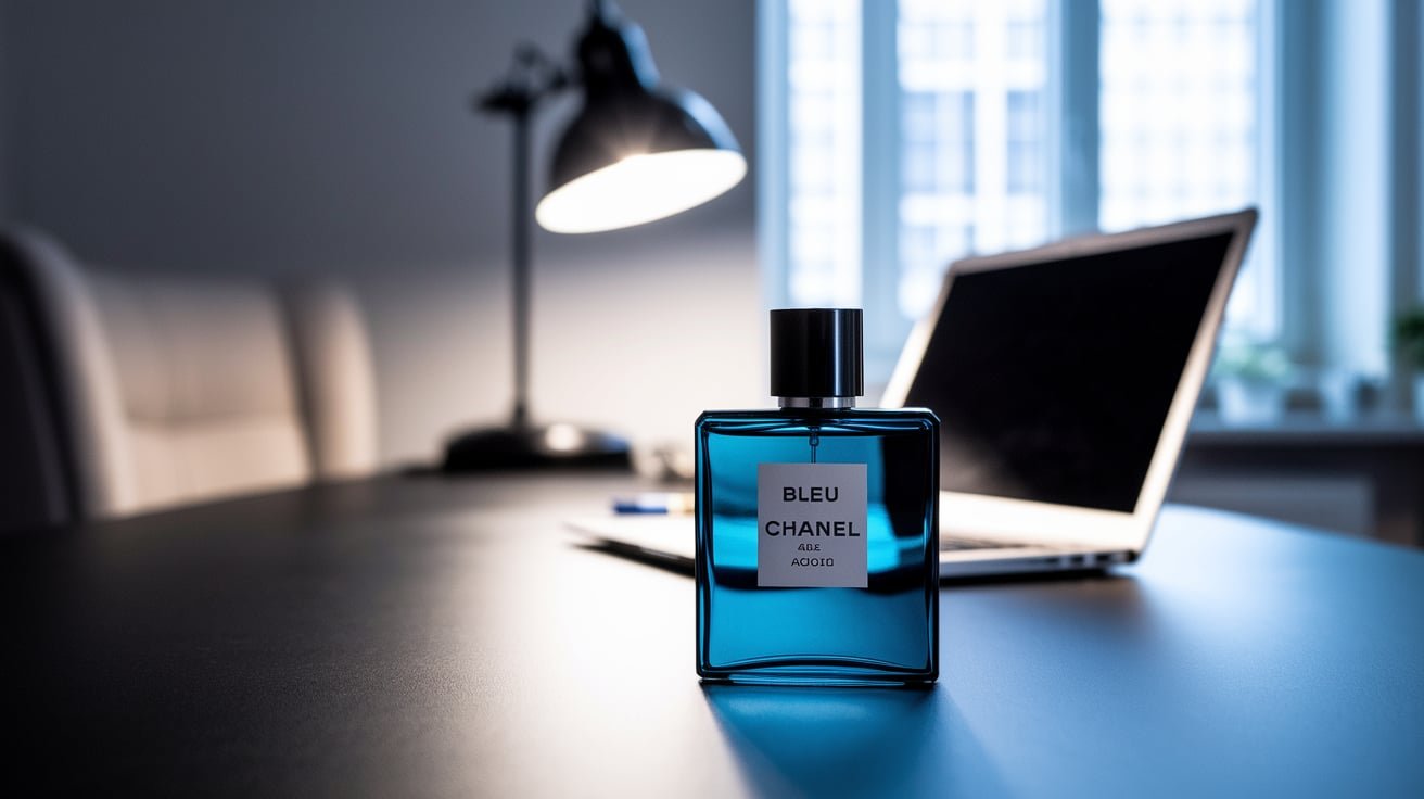 Frasco de perfume masculino sobre uma mesa de trabalho, com laptop e caneta, simbolizando fragrâncias para o ambiente profissional.