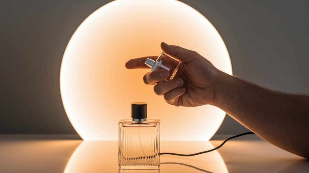 Homem aplicando perfume no pulso com um frasco ao fundo, ilustrando dicas para usar fragrâncias no trabalho.