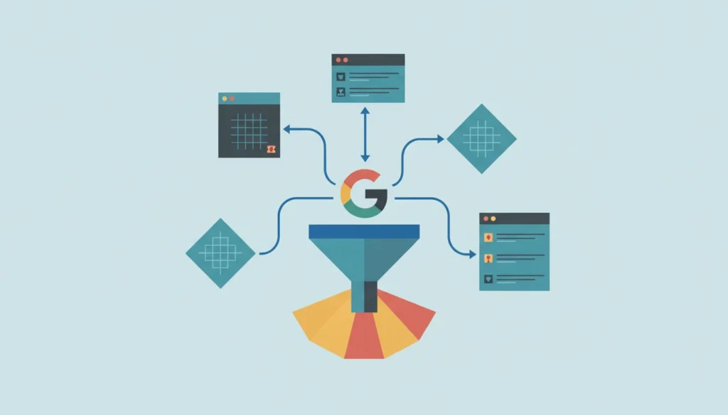 Gráfico vetorial representando como dados estruturados alimentam o algoritmo de IA do Google
